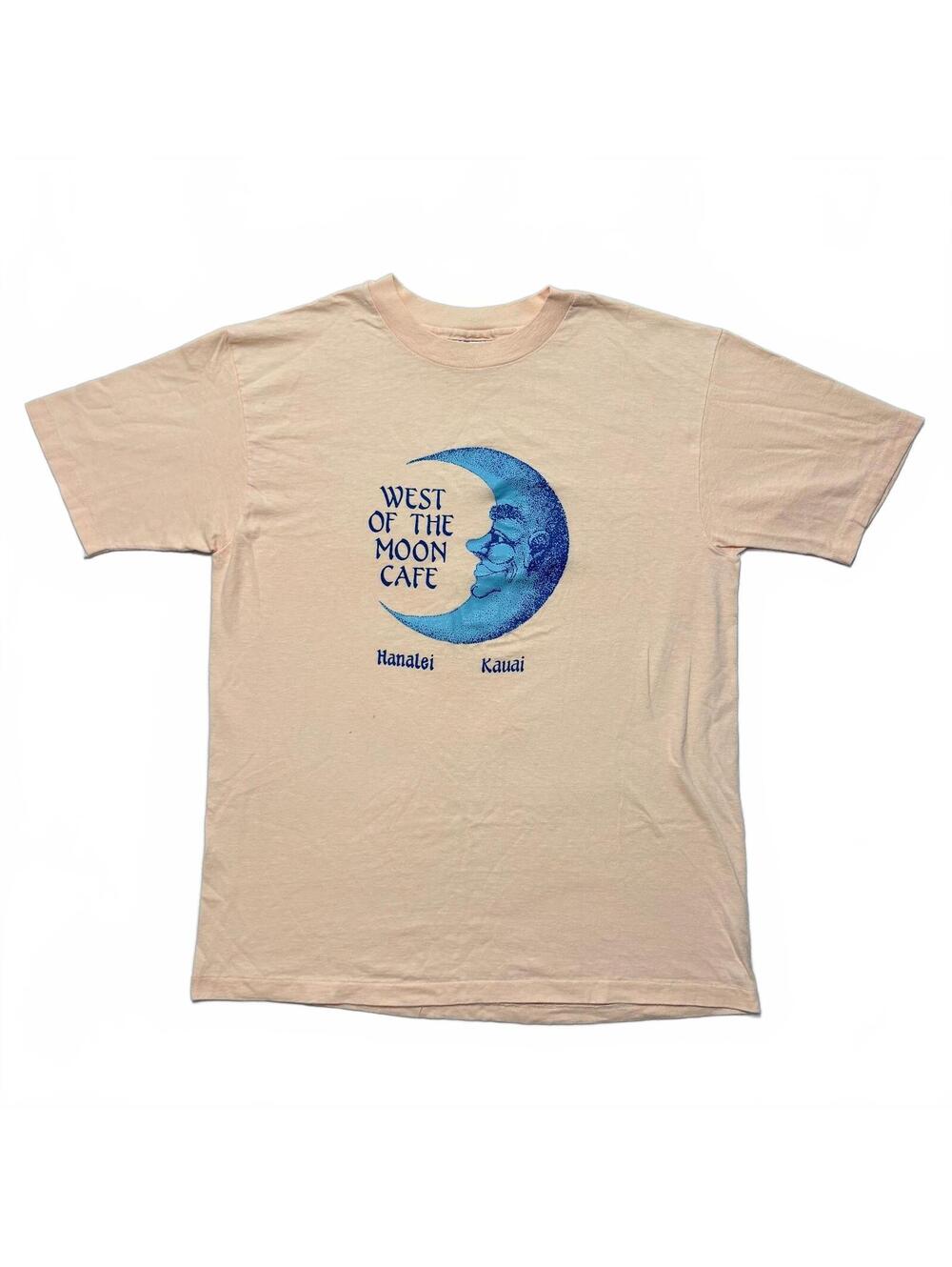 VTG 80s West of the Moon Cafe Hanalei Kauai Hawaii Graphic T-Shirt Men's L Peach
